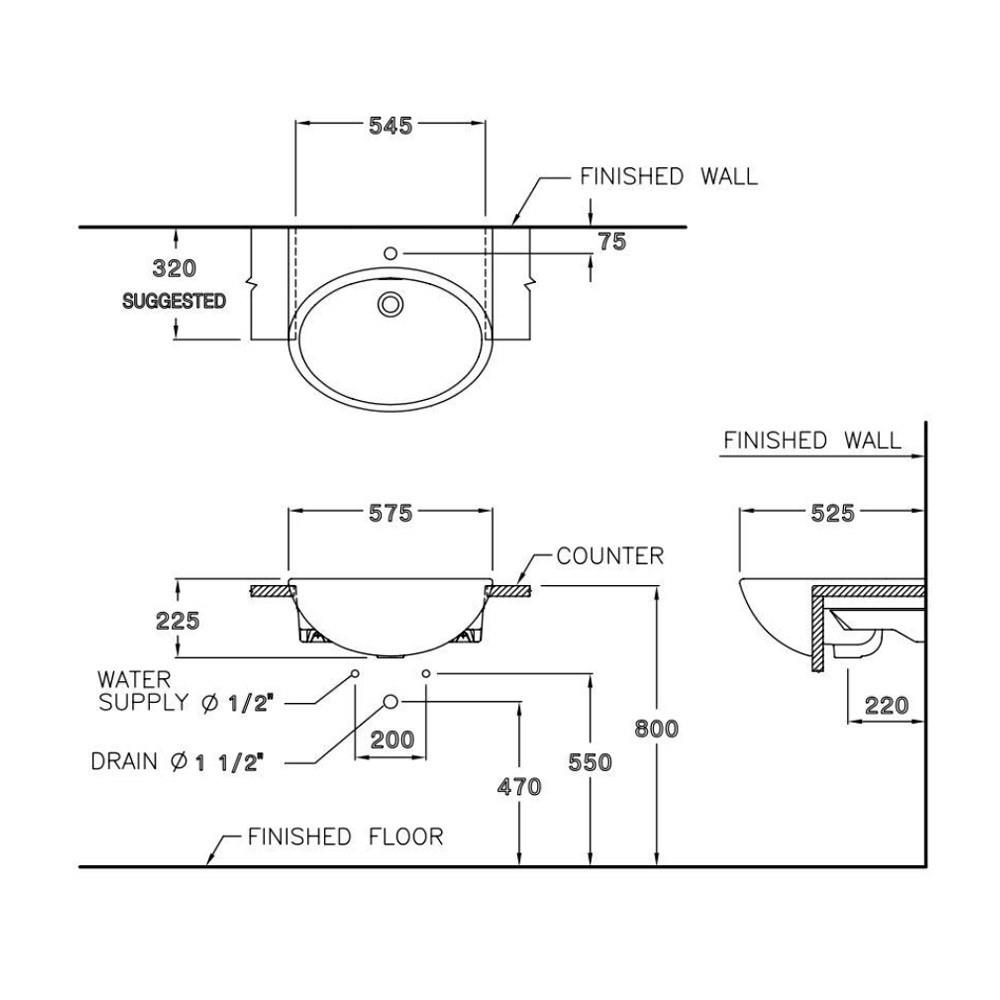 อ่างล้างหน้าฝังครึ่งเคาน์เตอร์ COTTO C021 สีขาว