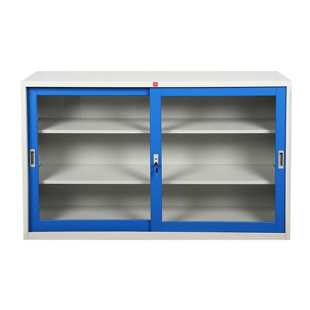 ตู้เหล็กบานเลื่อนกระจก LUCKY WORLD KSG-150-RG สีน้ำเงิน