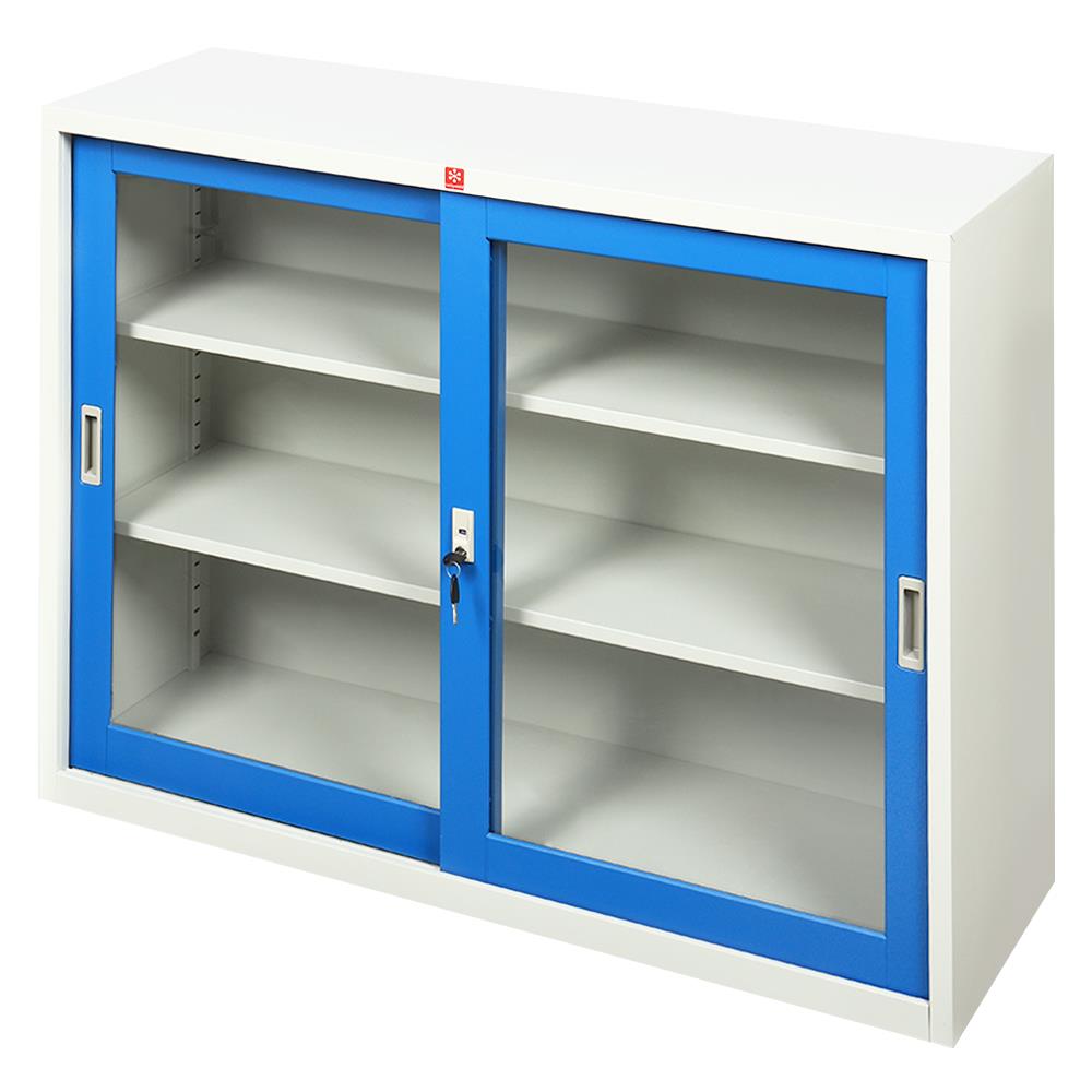 ตู้เหล็กบานเลื่อนกระจก LUCKY WORLD KSG-120-RG สีน้ำเงิน