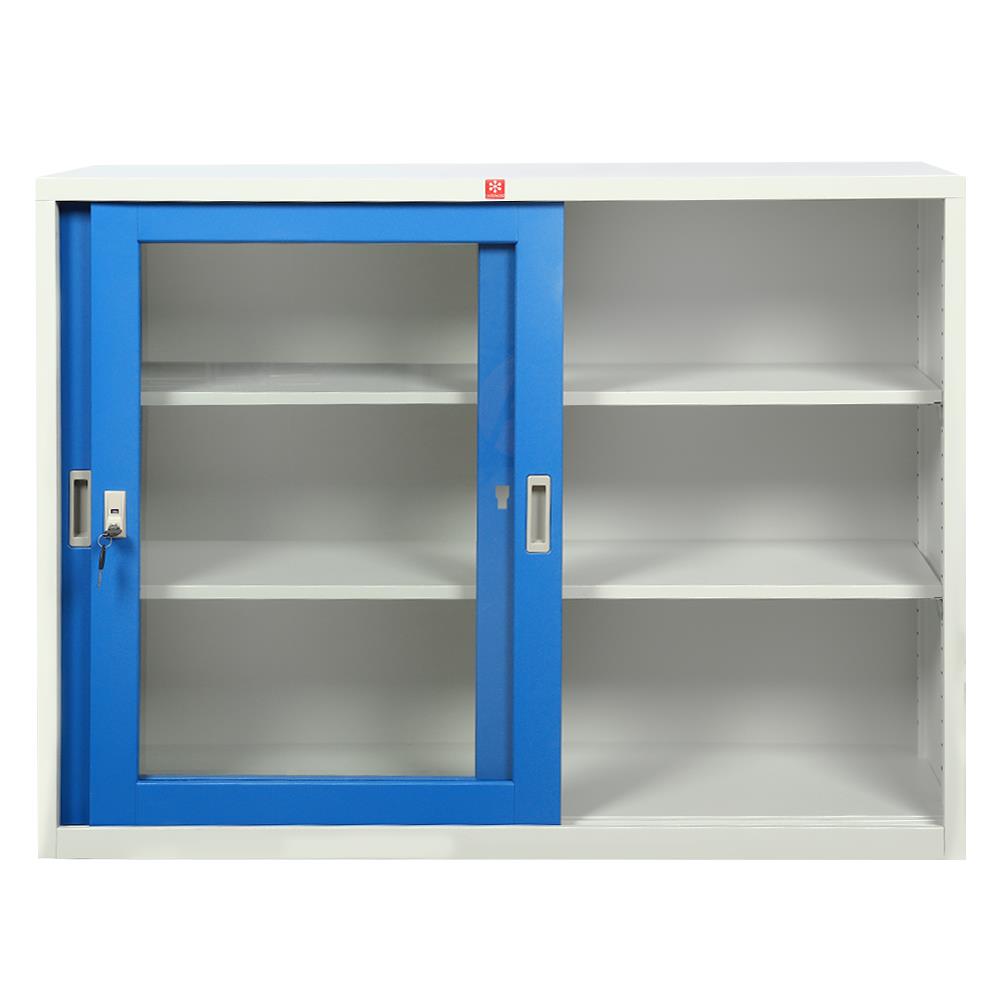 ตู้เหล็กบานเลื่อนกระจก LUCKY WORLD KSG-120-RG สีน้ำเงิน