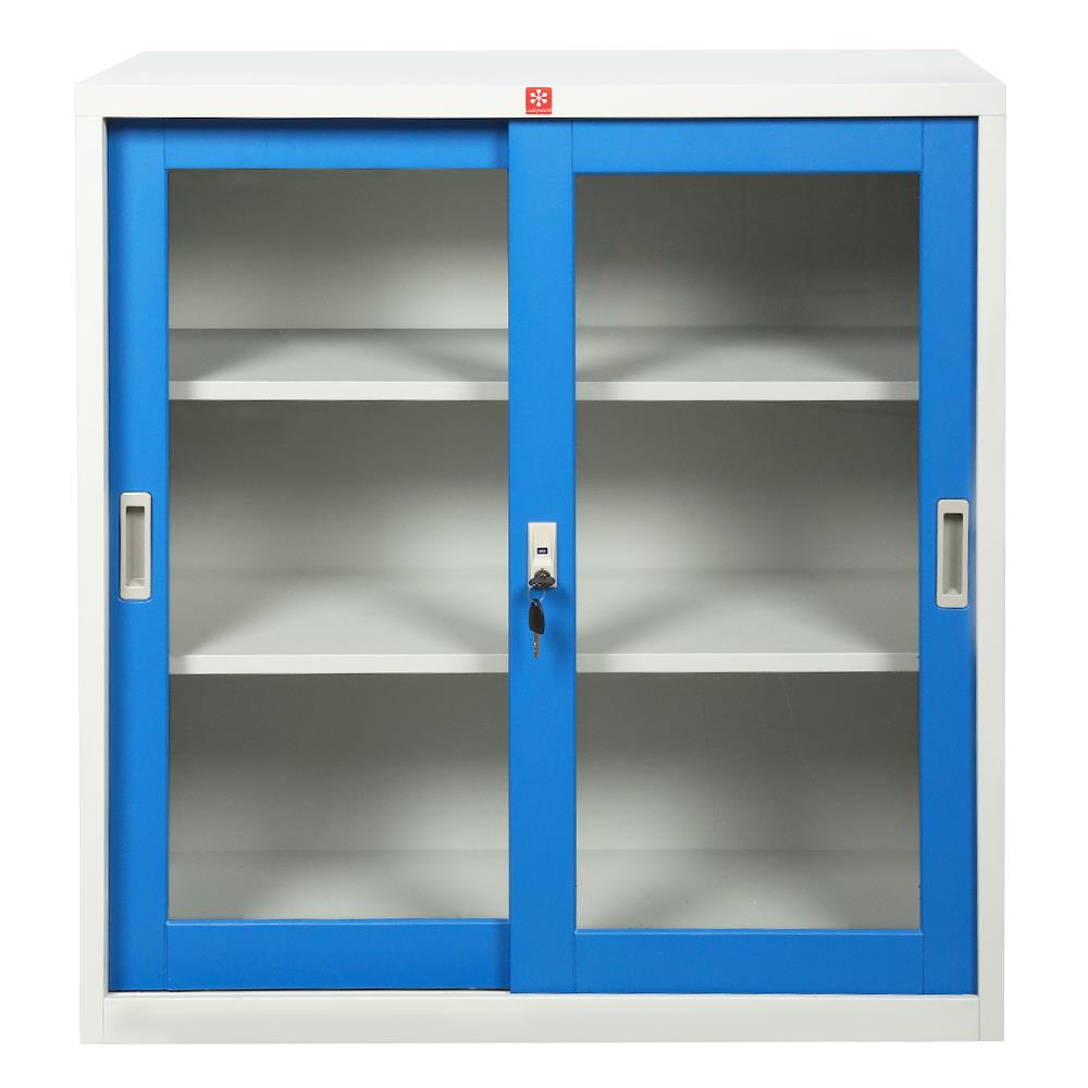 ตู้เหล็กบานเลื่อนกระจก LUCKY WORLD KSG-90-RG สีน้ำเงิน