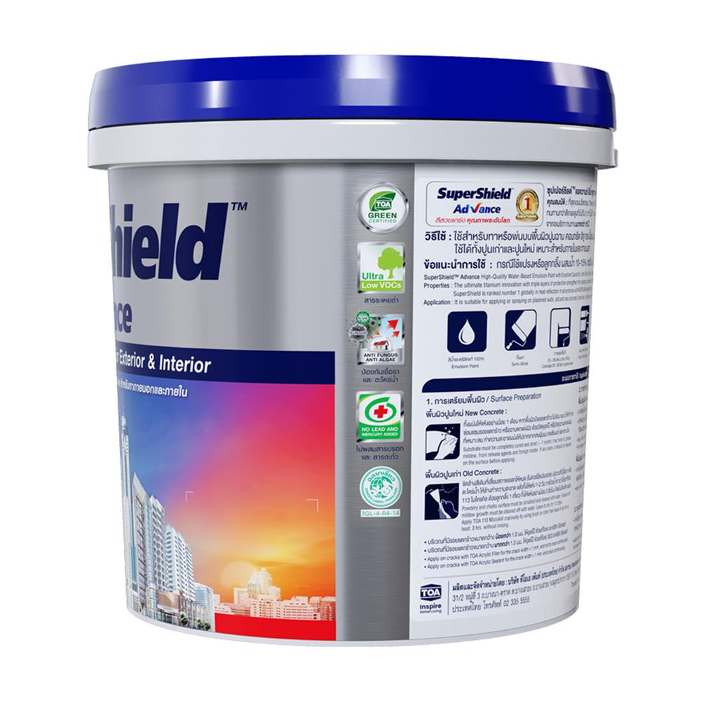 สีน้ำทาภายนอก ชนิดกึ่งเงา TOA SUPERSHIELD ADVANCE BASE A สีขาว 9 ลิตร