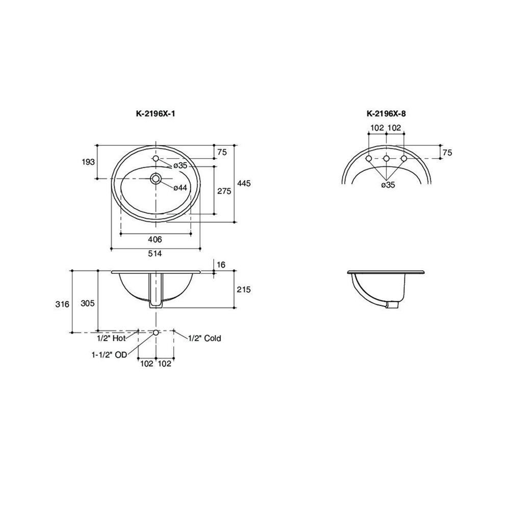 อ่างล้างหน้าแบบฝังบนเคาน์เตอร์ KOHLER K2196X สีขาว