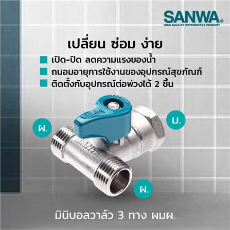 มินิบอลวาล์วสามทาง MALE/FEMALE/MALE SANWA 1/2 นิ้ว สีฟ้า_1