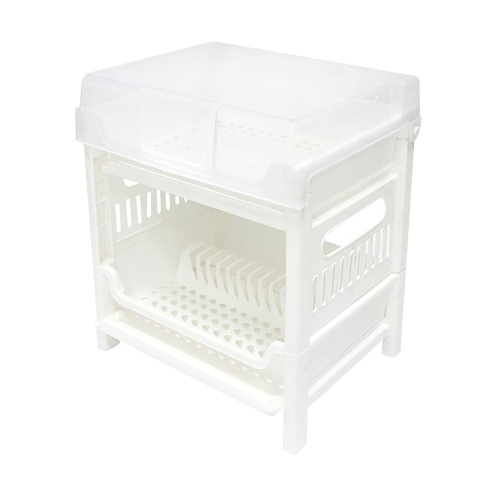 ชั้นคว่ำจานพลาสติก 2 ชั้น มีฝาครอบ SN 787 สีขาว