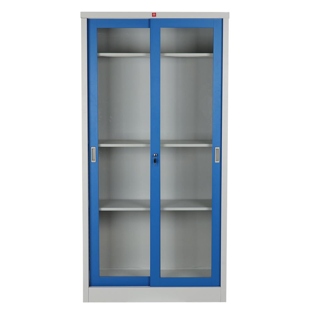 ตู้เหล็กสูงบานเลื่อนกระจก LUCKY WORLD KSG-914-RG สีน้ำเงิน