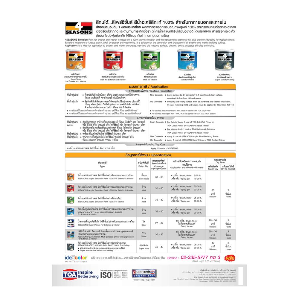 สีน้ำทาภายนอก ชนิดกึ่งเงา TOA 4 SEASONS สีขาว #AG1000 5 แกลลอน