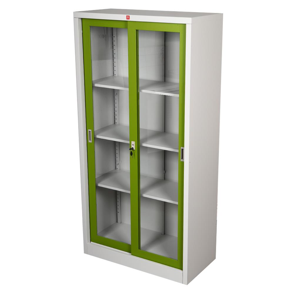 ตู้เหล็กสูงบานเลื่อนกระจก LUCKY WORLD KSG-914-GG สีเขียว