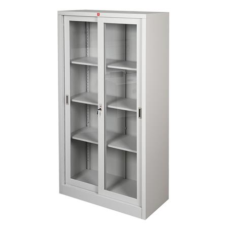 ตู้เหล็กสูงบานเลื่อนกระจก LUCKY WORLD KSG-914-TG สีเทาทราย