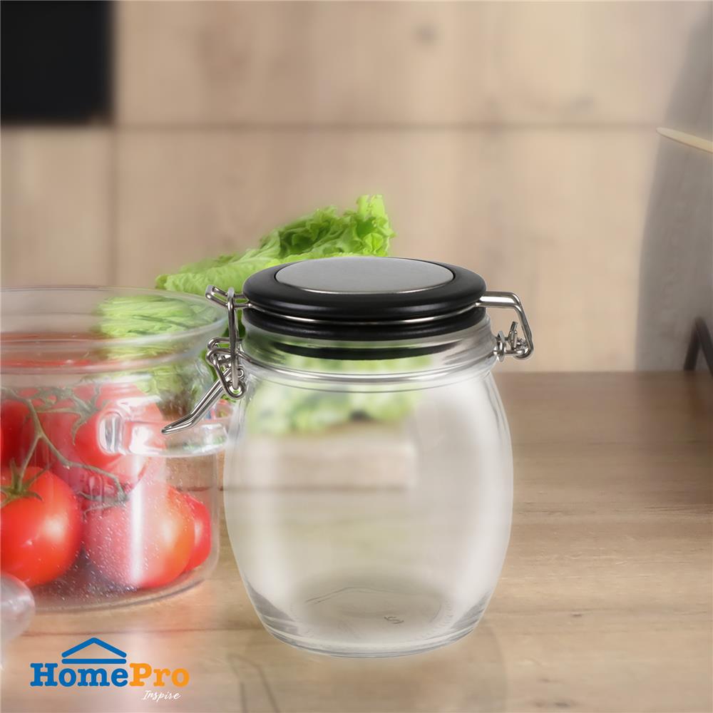 ขวดโหลแก้วกลม-M ฝาสปริงขอบดำ