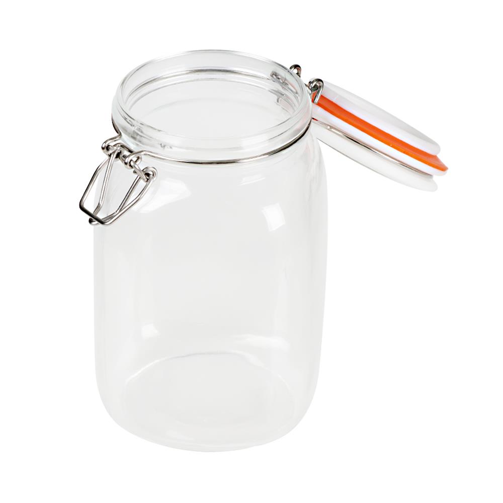 ขวดโหลแก้วกลม ไซส์ L ฝาสปริงสีขาว ขอบยางสีส้ม