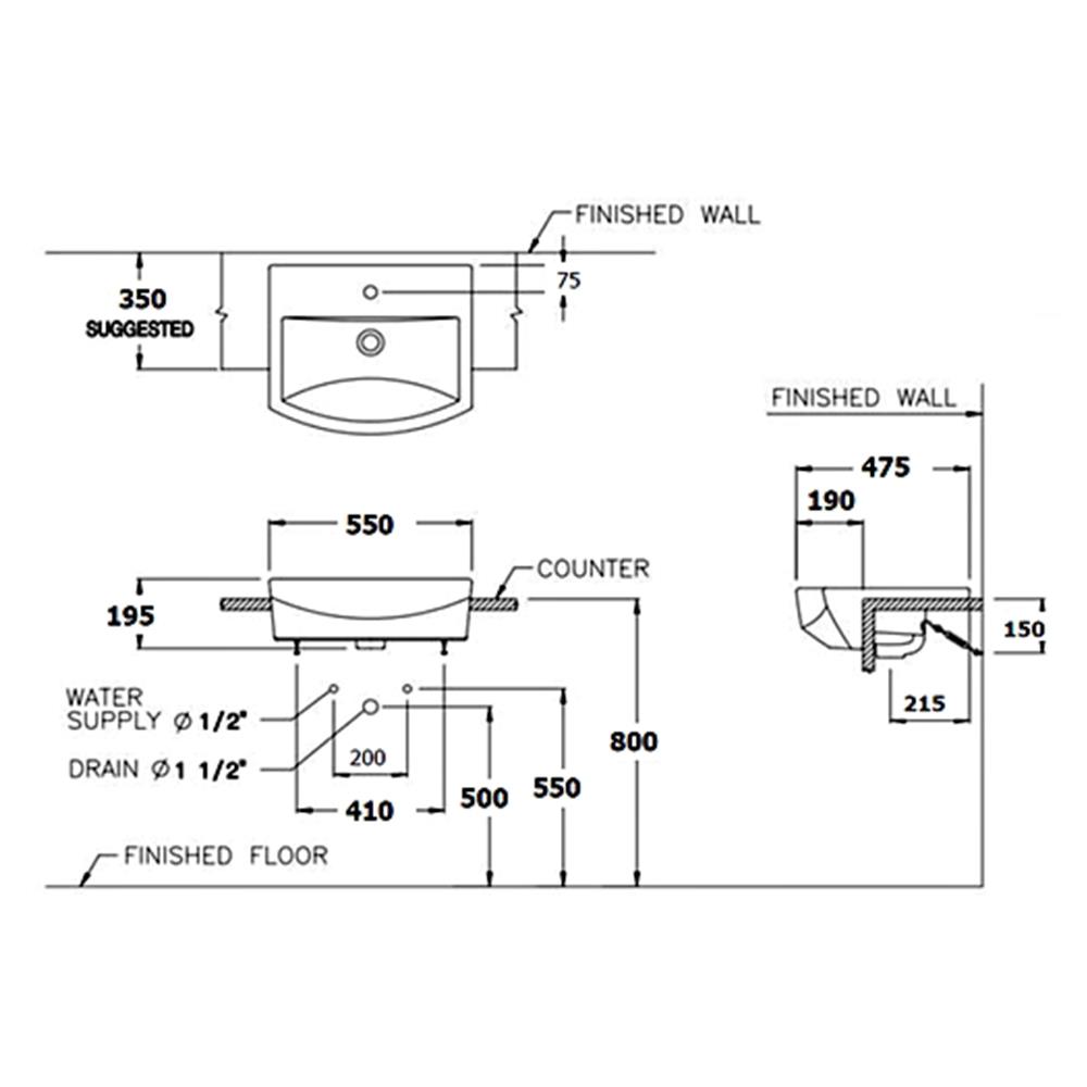อ่างล้างหน้าฝังครึ่งเคาน์เตอร์ COTTO C02427 สีขาว