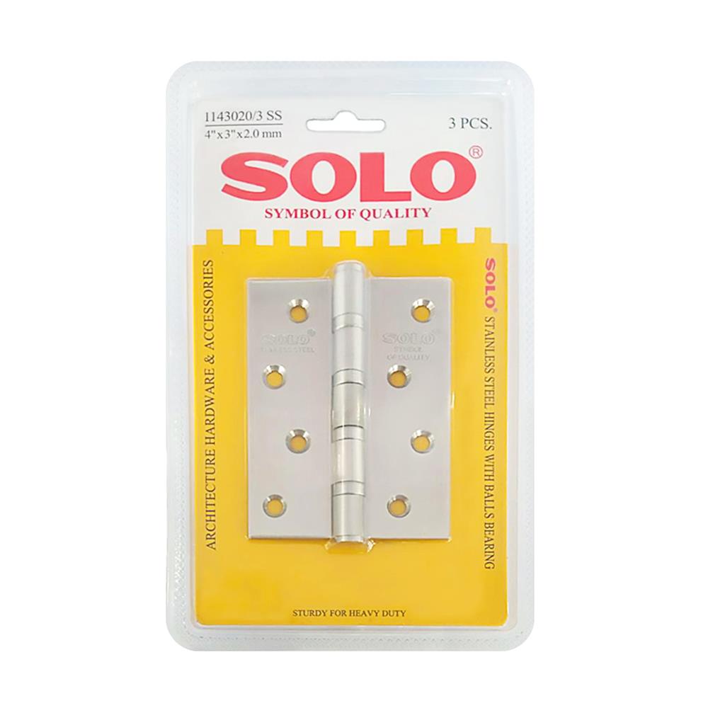 บานพับ 4X3 นิ้ว X 2 มม. SOLO 1143020 สีสเตนเลส (แพ็ก 3 ชิ้น)