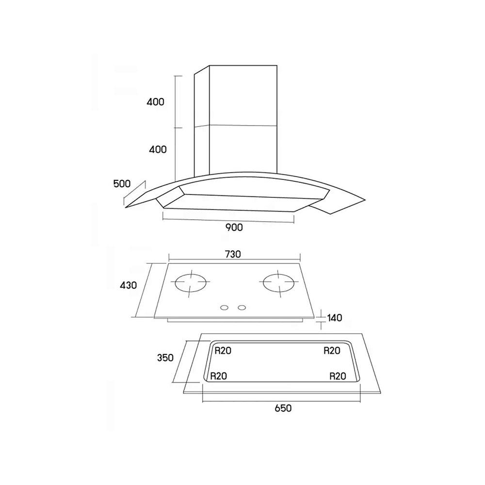 เตาฝัง + เครื่องดูดควัน TECNOSTAR EHP2GB + EHP90GS
