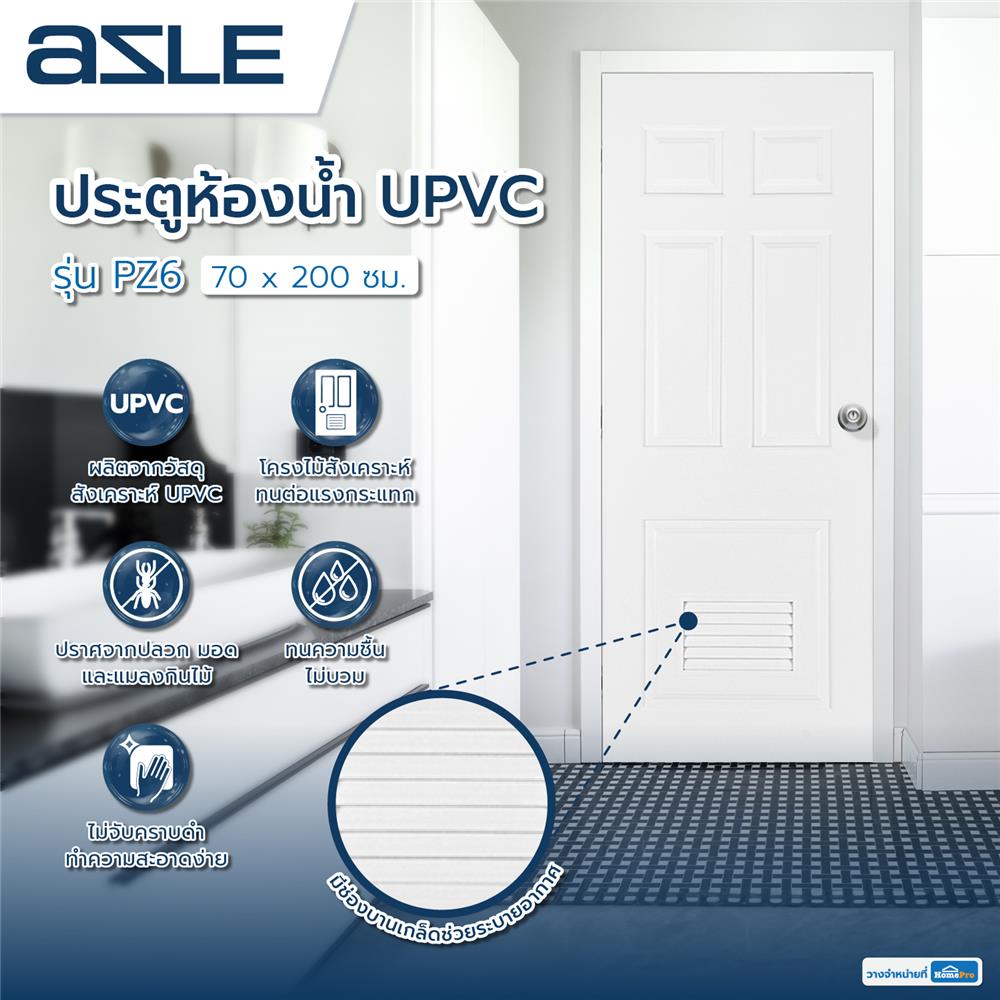 ประตูห้องน้ำ UPVC AZLE PZ6 70X200 ซม. สีขาว เจาะลูกบิด