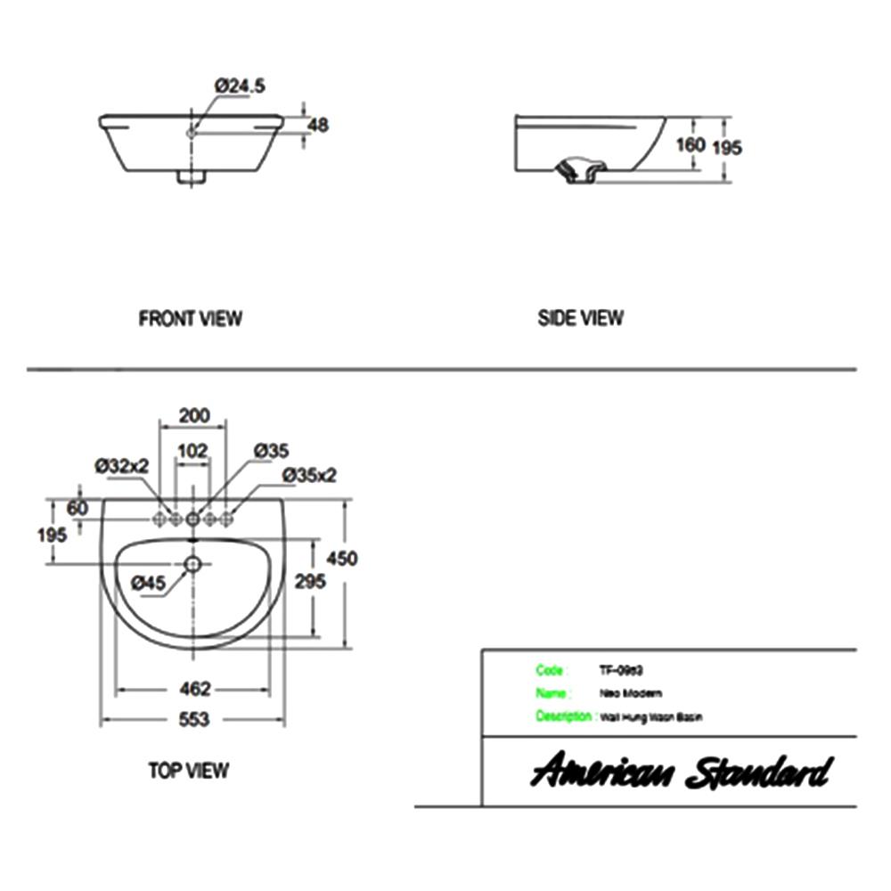 อ่างล้างหน้าแขวนติดผนัง AMERICAN STANDARD TF-0953-WT สีขาว