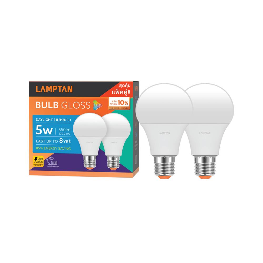 หลอด LED LAMPTAN BULB GLOSS 5 วัตต์ DAYLIGHT E27 (แพ็ก 2 ชิ้น)