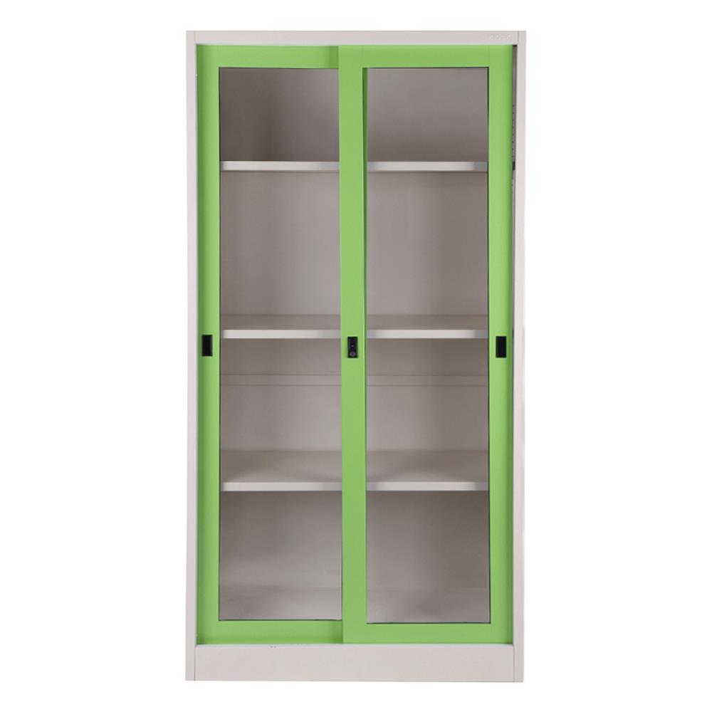 ตู้เหล็กสูงบานเลื่อนกระจก KIOSK SGD-18 สีเขียว