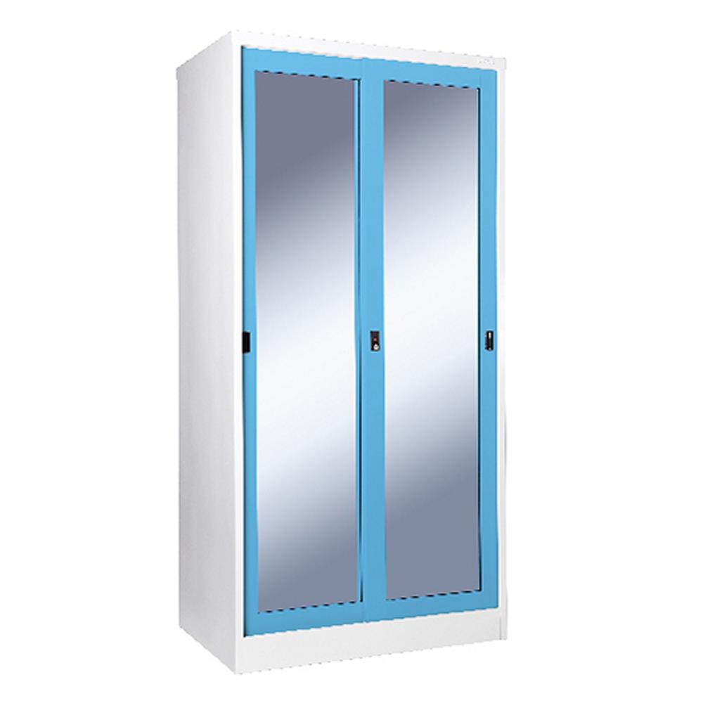 ตู้เสื้อผ้าเหล็กบานเลื่อนกระจกเงา KIOSK SGW-18-2 DG/BO 91.4 ซม. สีฟ้า