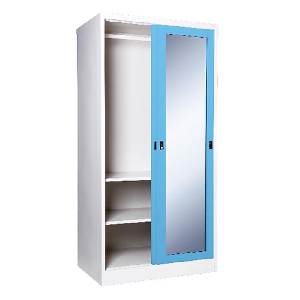 ตู้เสื้อผ้าเหล็กบานเลื่อนกระจกเงา KIOSK SGW-18-2 DG/BO 91.4 ซม. สีฟ้า