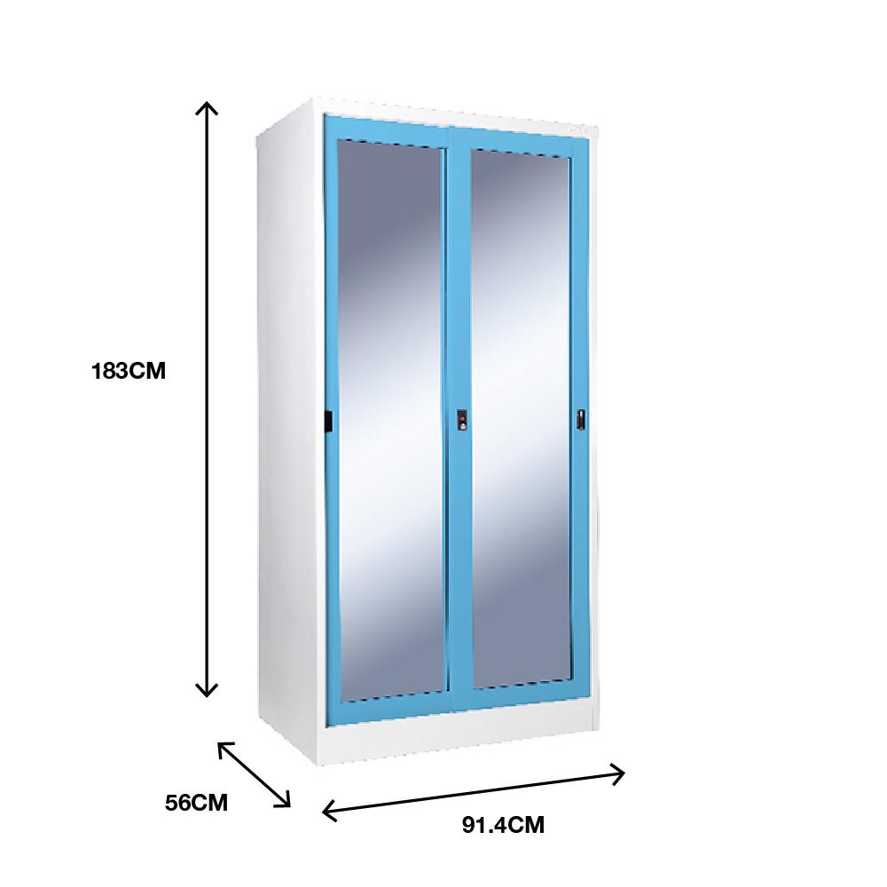 ตู้เสื้อผ้าเหล็กบานเลื่อนกระจกเงา KIOSK SGW-18-2 DG/BO 91.4 ซม. สีฟ้า