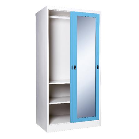 ตู้เสื้อผ้าเหล็กบานเลื่อนกระจกเงา KIOSK SGW-18-2 DG/BO 91.4 ซม. สีฟ้า_2
