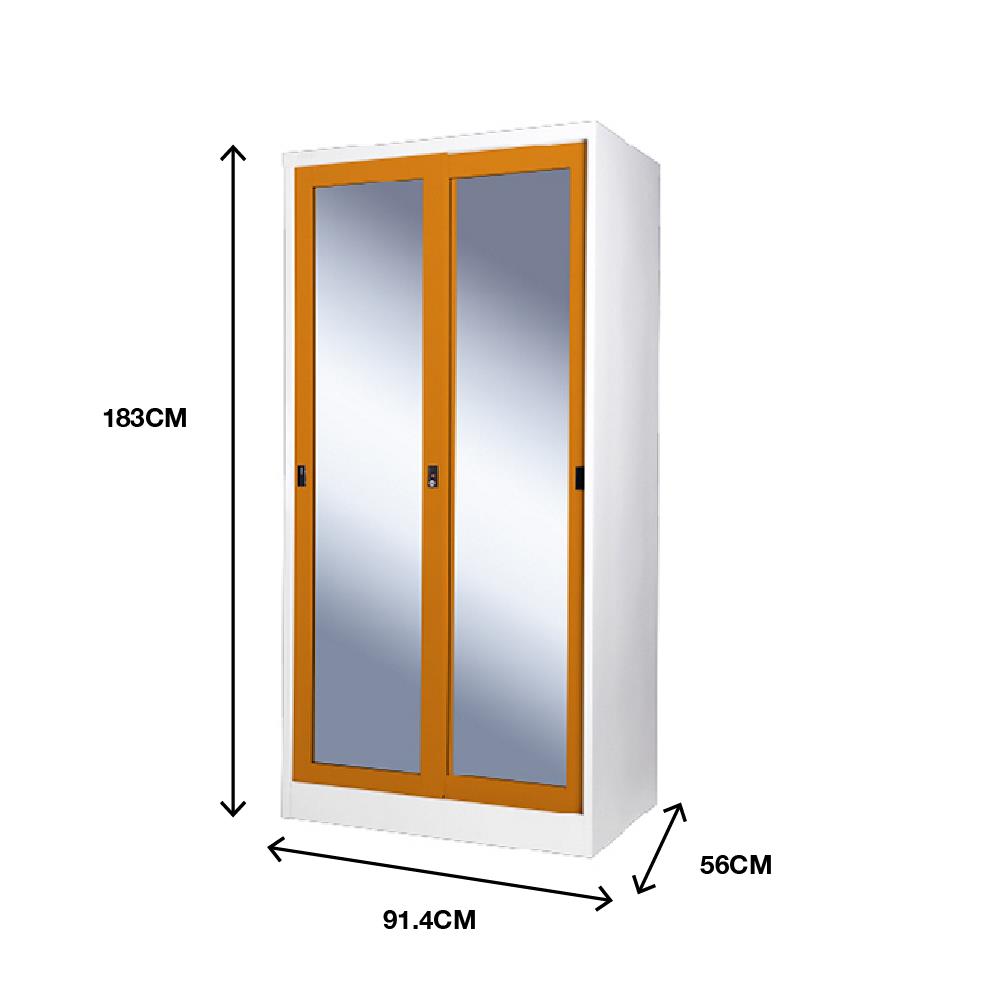 ตู้เสื้อผ้าเหล็กบานเลื่อนกระจกเงา KIOSK SGW-18-2 DG/OR 91.4 ซม. สีส้ม
