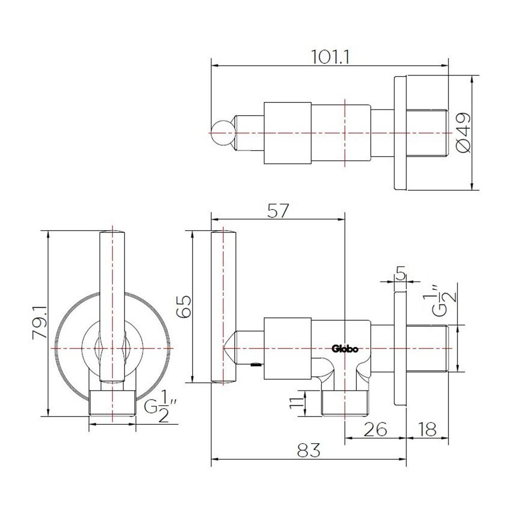 วาล์วฝักบัว 1ทาง GLOBO GF-24-470B-50 สีโครม