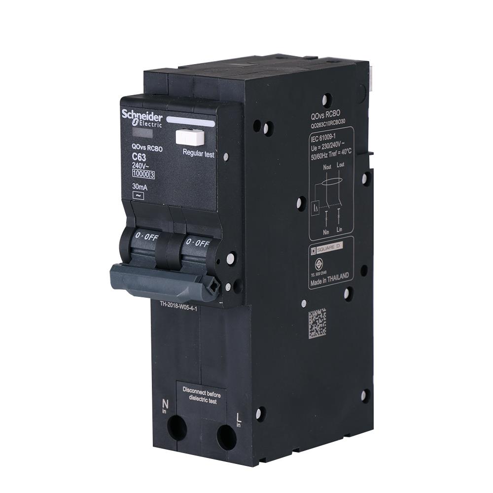 เมนเซอร์กิตเบรกเกอร์ 63 แอมป์ พร้อมกันไฟดูด/กันไฟรั่ว 2 โพล 1 เฟส SCHNEIDER 10kA