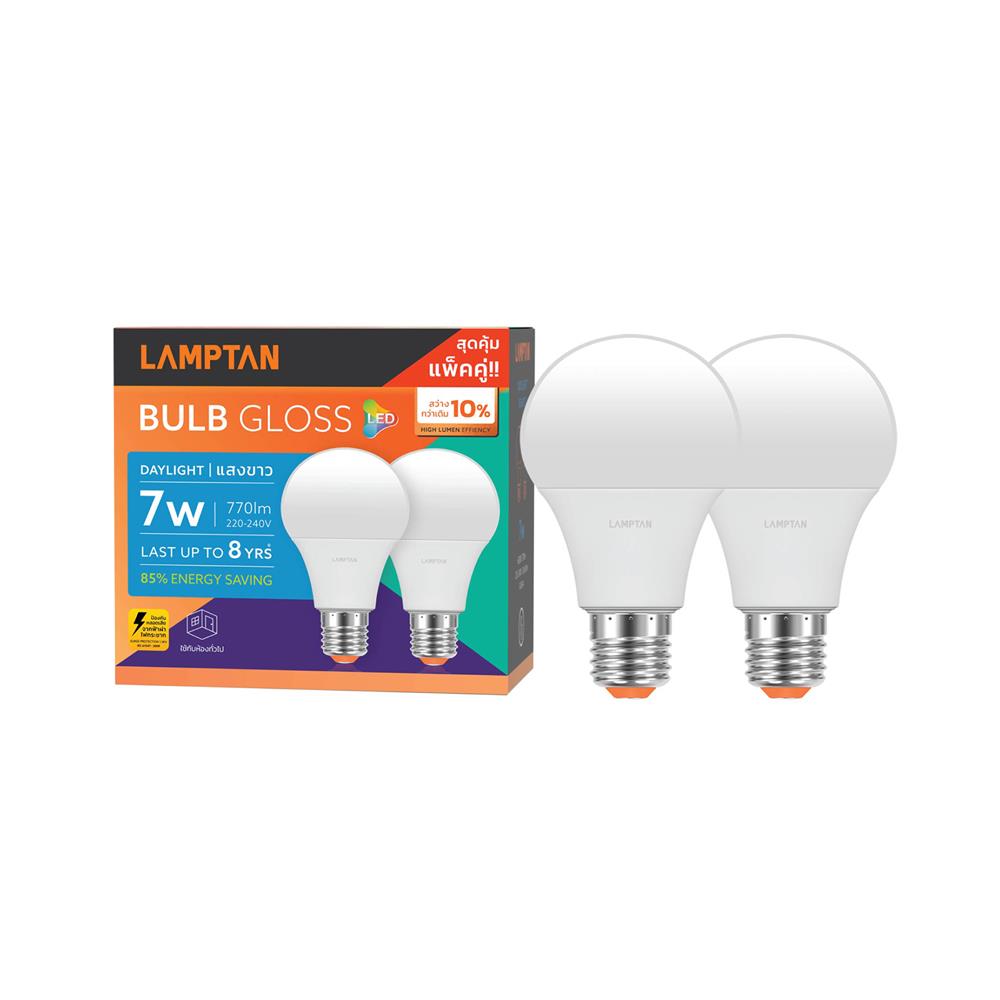หลอด LED LAMPTAN BULB GLOSS 7 วัตต์ DAYLIGHT E27 แพ็ก 2 ชิ้น