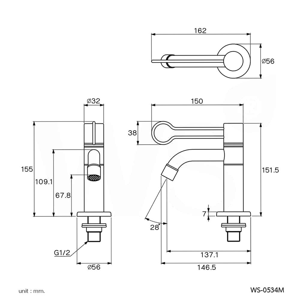 ก๊อกอ่างล้างหน้าเดี่ยว WS WS-0534 M สีเงิน