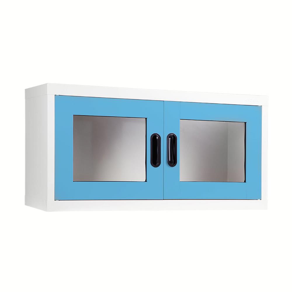 ตู้เหล็กบานเปิดกระจก KIOSK MAX-012 BO สีขาว/ฟ้า