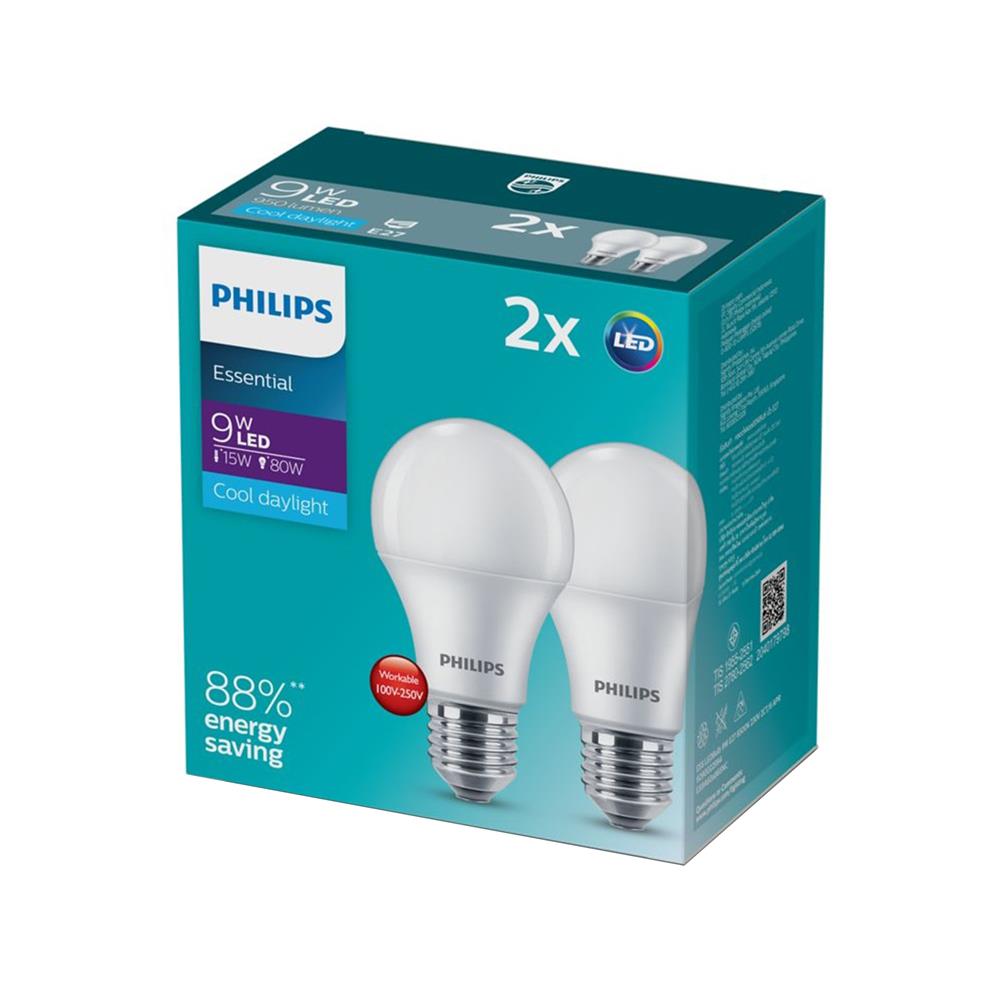 หลอด LED PHILIPS A60 ESSENTIAL 9 วัตต์ DAYLIGHT E27 (แพ็ก 2 ชิ้น)