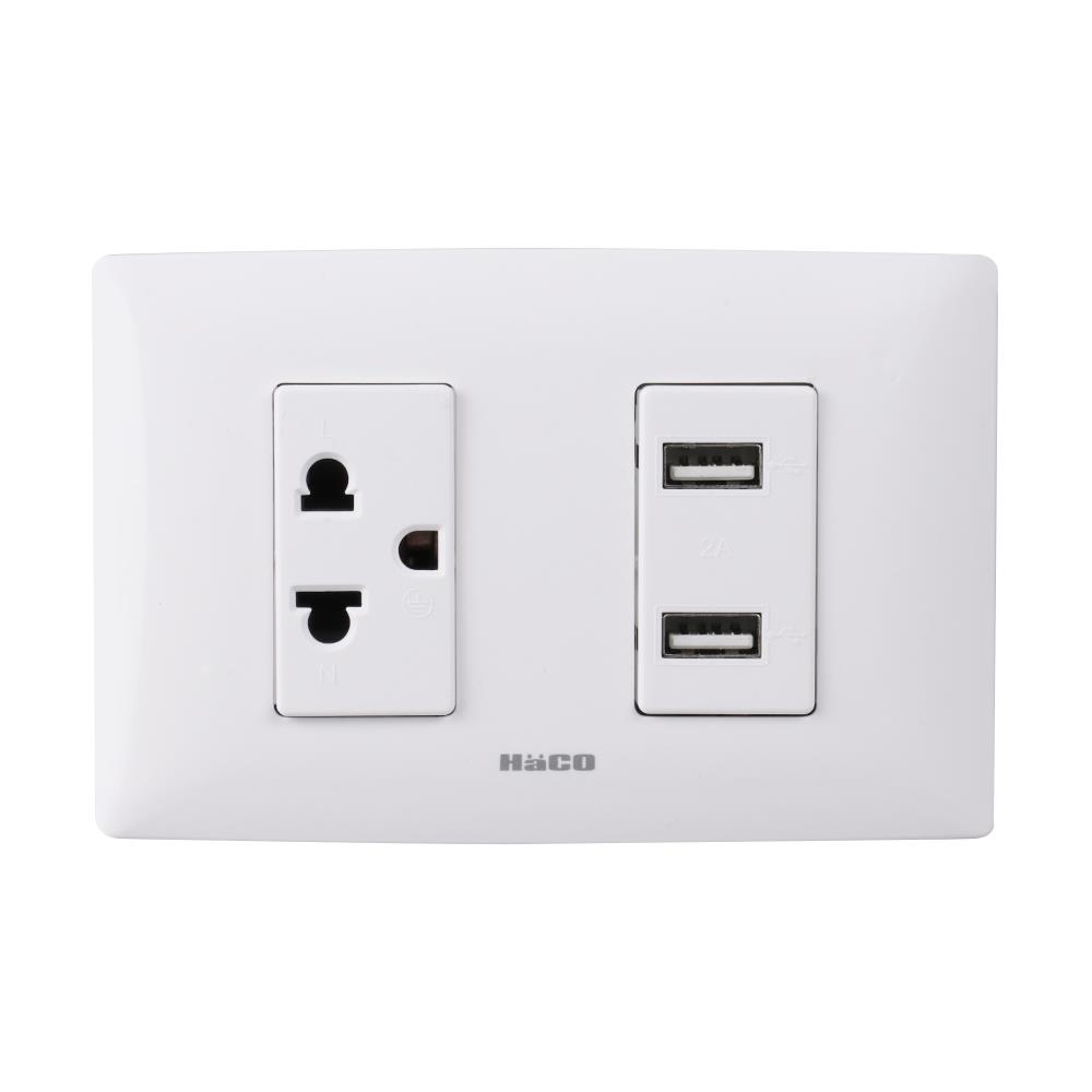 ชุดเต้ารับ 3 ขา +เต้ารับ USB 1 ช่อง 2 เต้าเสียบ HACO AP-E1USB สีขาว