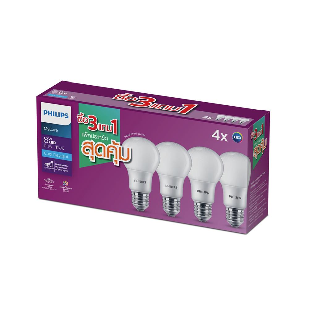 หลอด LED PHILIPS A60 8 วัตต์ DAYLIGHT E27 (แพ็ก 4 ชิ้น)