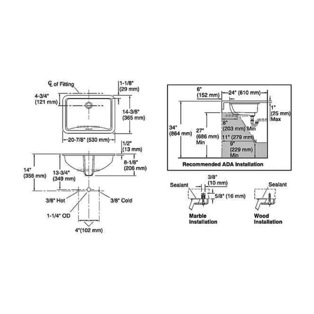 อ่างล้างหน้าฝังใต้เคาน์เตอร์ KOHLER K-2214X-0 ขาว