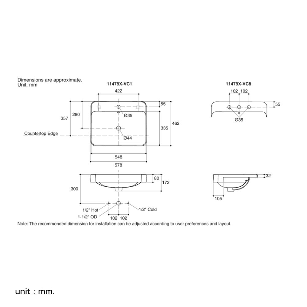 อ่างล้างหน้าฝังครึ่งเคาน์เตอร์ KOHLER K-11479X-VC8-0 สีขาว