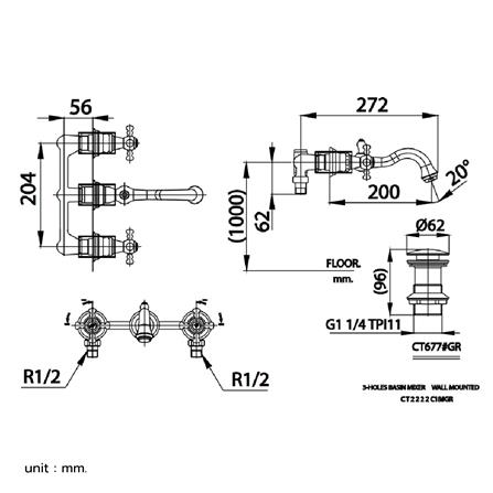 ก๊อกอ่างล้างหน้าผสมแบบติดผนัง COTTO CT2222C18GR_1