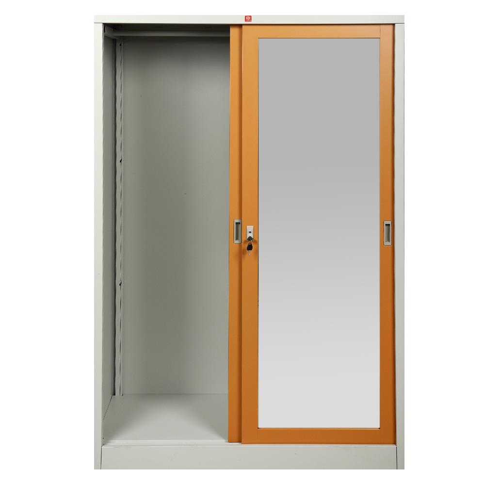 ตู้เสื้อผ้าเหล็กบานเลื่อนผสมกระจกเงา LUCKY WORLD KVS-126K-EG 118.8 ซม. สีน้ำตาล