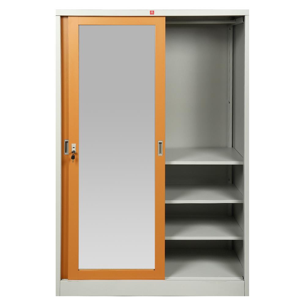 ตู้เสื้อผ้าเหล็กบานเลื่อนผสมกระจกเงา LUCKY WORLD KVS-126K-EG 118.8 ซม. สีน้ำตาล