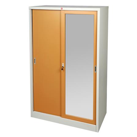 ตู้เสื้อผ้าเหล็กบานเลื่อนผสมกระจกเงา LUCKY WORLD KVS-126K-EG 118.8 ซม. สีน้ำตาล