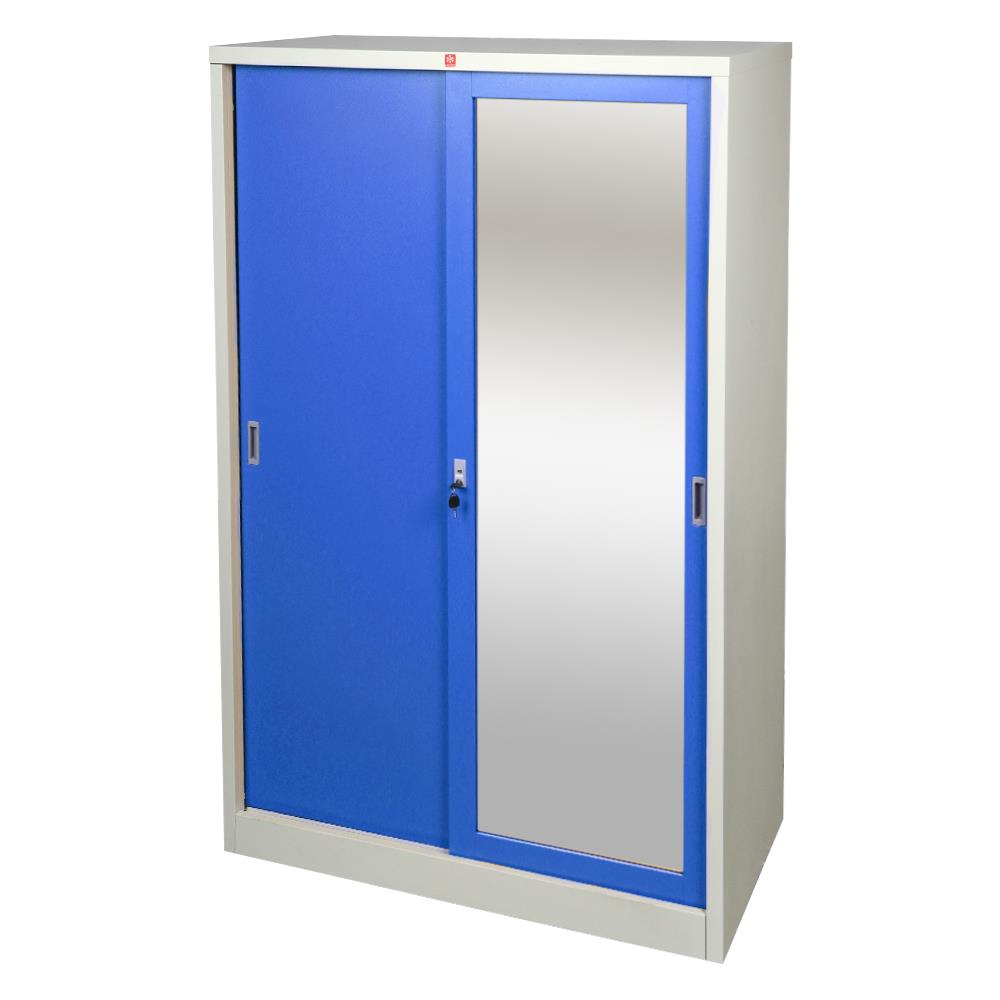 ตู้เสื้อผ้าเหล็กบานเลื่อนผสมกระจกเงา LUCKY WORLD KVS-126K-RG 118.8 ซม. สีน้ำเงิน