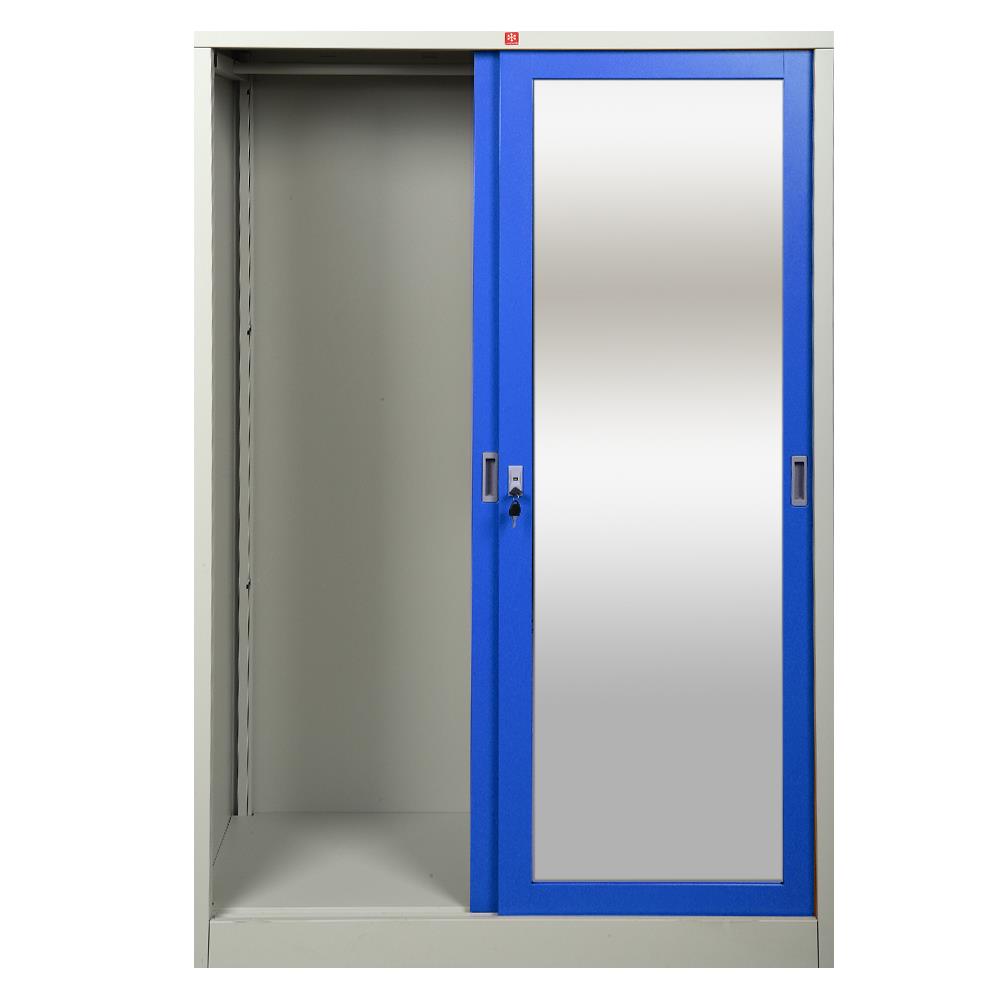 ตู้เสื้อผ้าเหล็กบานเลื่อนผสมกระจกเงา LUCKY WORLD KVS-126K-RG 118.8 ซม. สีน้ำเงิน