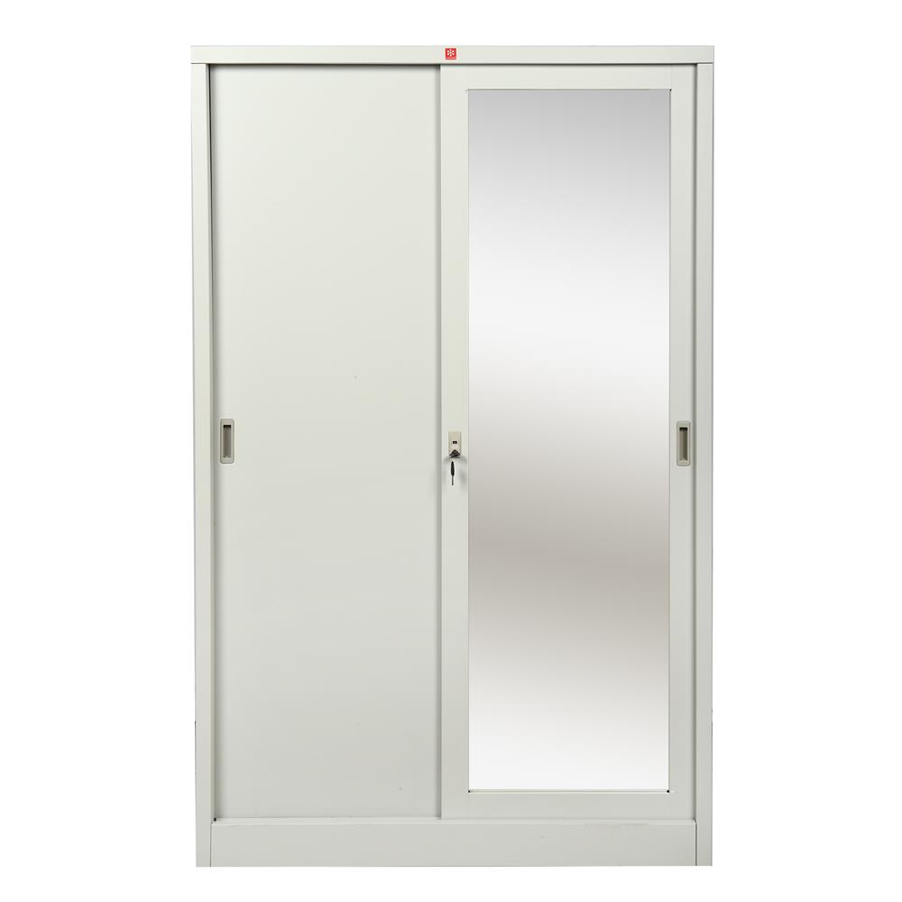 ตู้เสื้อผ้าเหล็กบานเลื่อนผสมกระจกเงา LUCKY WORLD KVS-126K-TG 118.8 ซม. สีเทาทราย