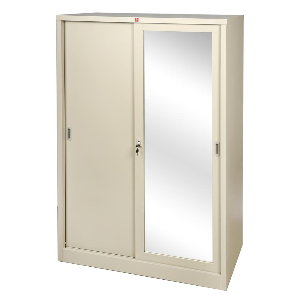 ตู้เสื้อผ้าเหล็กบานเลื่อนผสมกระจกเงา LUCKY WORLD KVS-126K 118.8 ซม. สีครีม