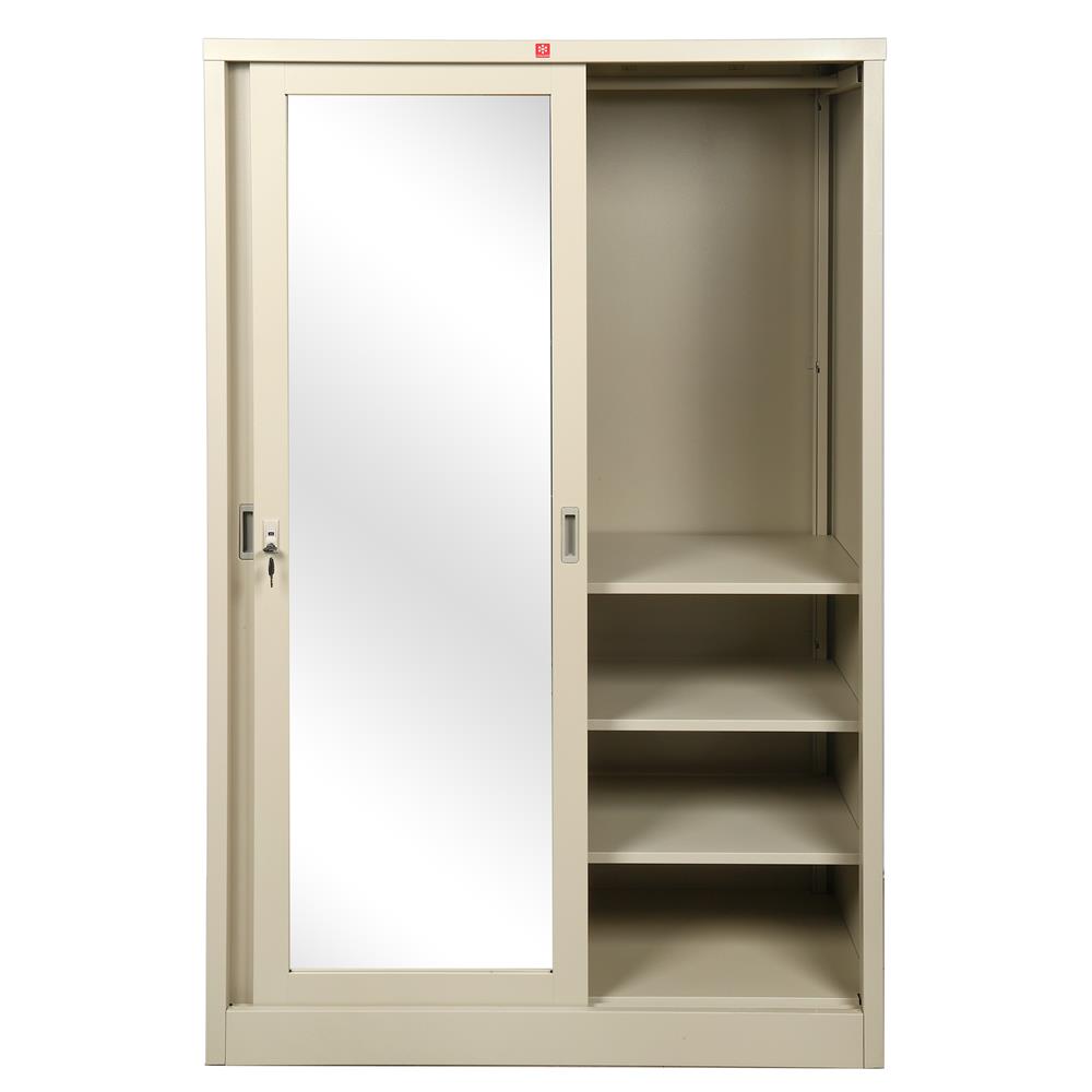 ตู้เสื้อผ้าเหล็กบานเลื่อนผสมกระจกเงา LUCKY WORLD KVS-126K 118.8 ซม. สีครีม