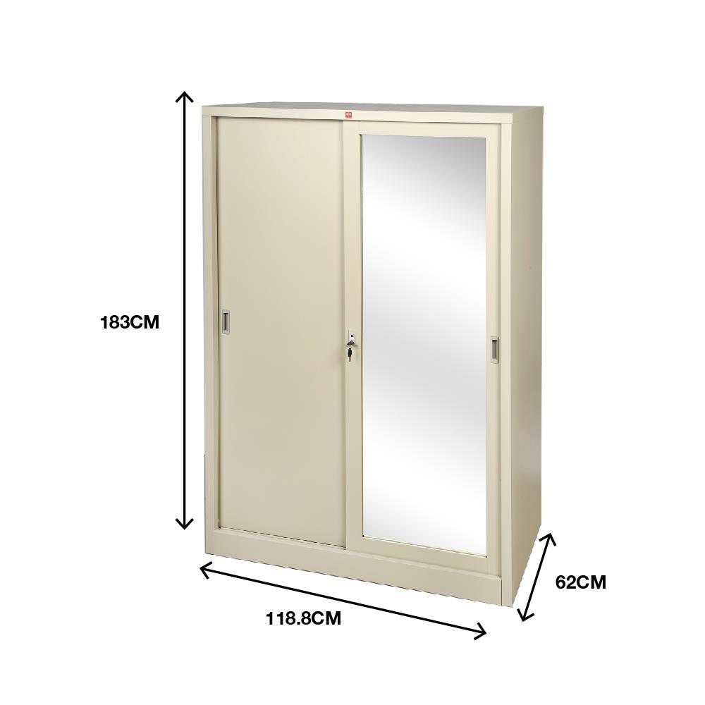 ตู้เสื้อผ้าเหล็กบานเลื่อนผสมกระจกเงา LUCKY WORLD KVS-126K 118.8 ซม. สีครีม