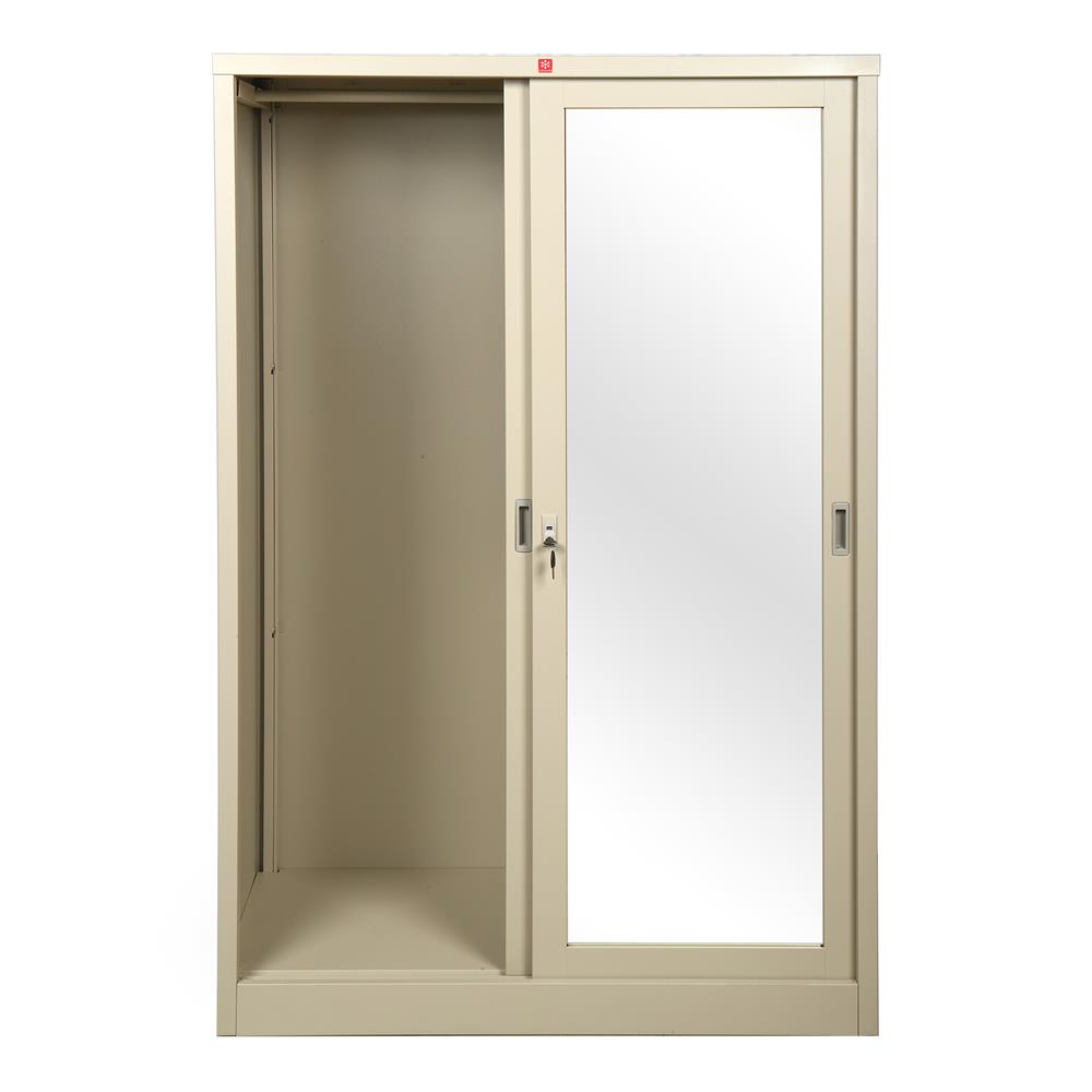 ตู้เสื้อผ้าเหล็กบานเลื่อนผสมกระจกเงา LUCKY WORLD KVS-126K 118.8 ซม. สีครีม