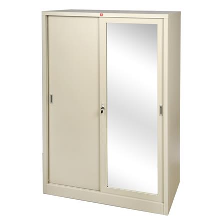 ตู้เสื้อผ้าเหล็กบานเลื่อนผสมกระจกเงา LUCKY WORLD KVS-126K 118.8 ซม. สีครีม