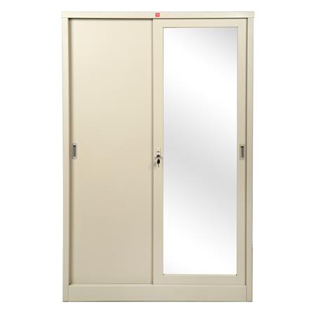 ตู้เสื้อผ้าเหล็กบานเลื่อนผสมกระจกเงา LUCKY WORLD KVS-126K 118.8 ซม. สีครีม_1